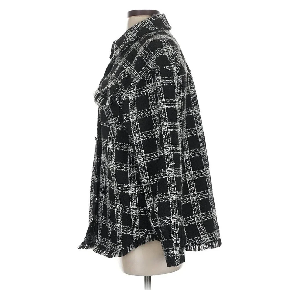 House of Harlowe 1960 black white plaid fringe trim shacket jacket size S - Picture 6 of 7